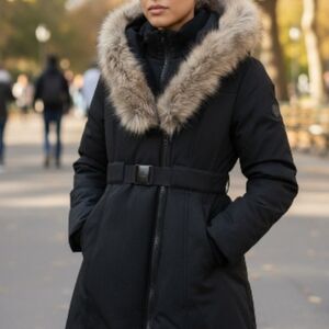 Toboggan Canada Black Winter Parka Faux Fur Hood Belted Eva B III Sweetheart